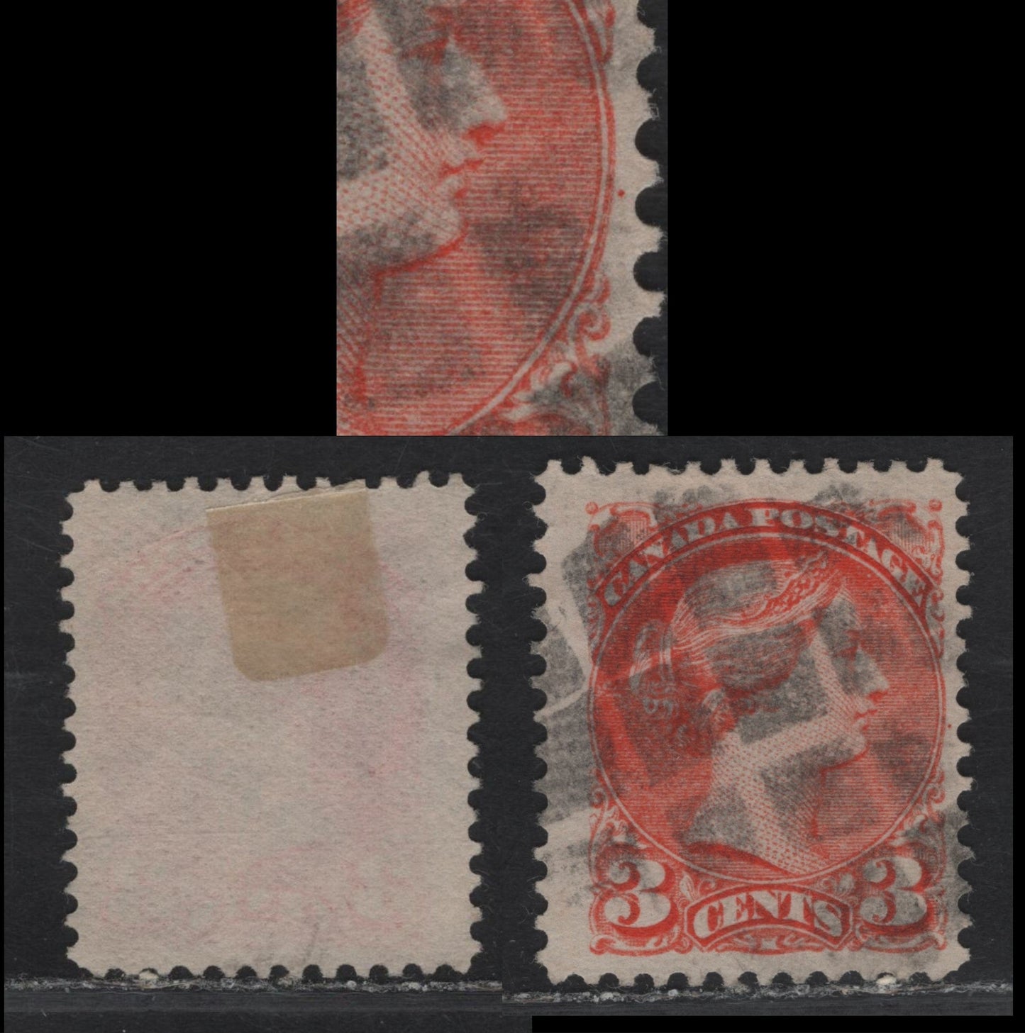 Lot 52 (C) Canada #37 3c Orange Red Queen Victoria, 1870-1893 Small Queen Issue, A Fine Used Single, Late Montreal Printing, Paper MM-V, Perf 12x12.1, Showing Pos. Dot Outside The Medallion On The Right Side, Geometric Circle of Squares Cork Cancel.