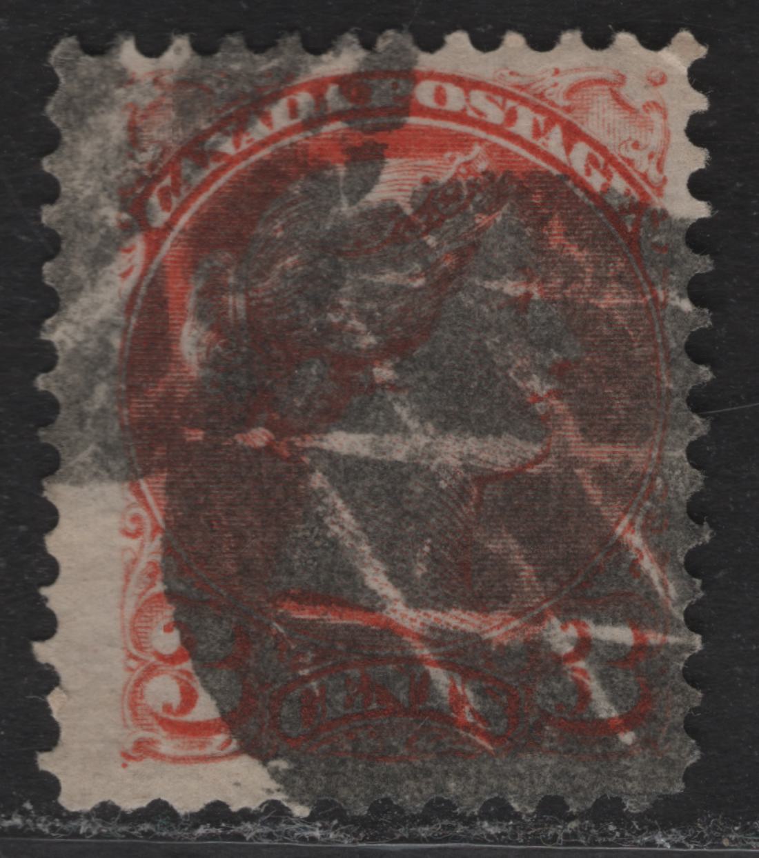 Lot 56 (C) Canada #37ii 3c Dull Orange Red Queen Victoria, 1870-1893 Small Queen Issue, A Very Good Used Single, Mid Montreal Printing, Paper MM-B, Perf 11.75x12, Circle Of Diamond Lozenges Cork Cancel.