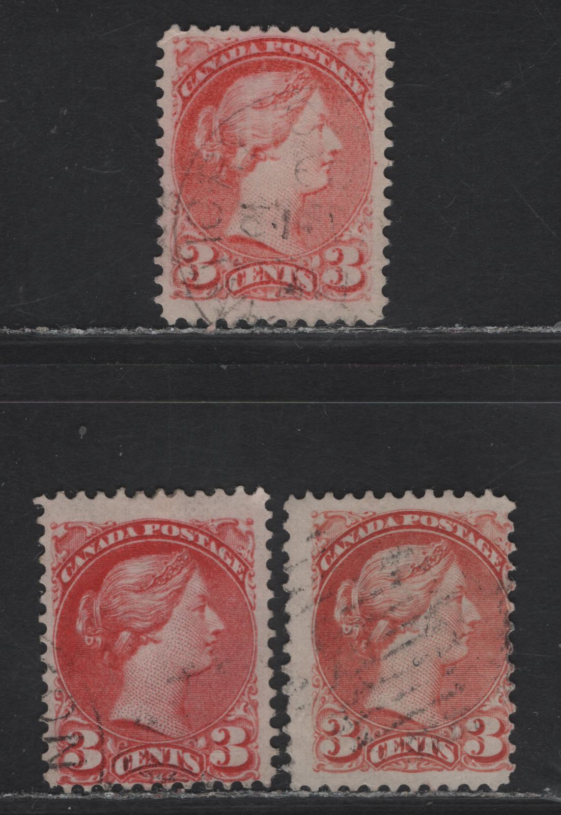 Lot 58 (C) Canada #41a, 41i 3c Rose Carmine, Dull Rose Carmine & Deep Rose Carmine Queen Victoria, 1888-1897 Small Queen Issue, 3 Fine Used Singles, Montreal Gazette Printings, Papers MG-F & MG-H, Perfs 12 & 12x12.25.