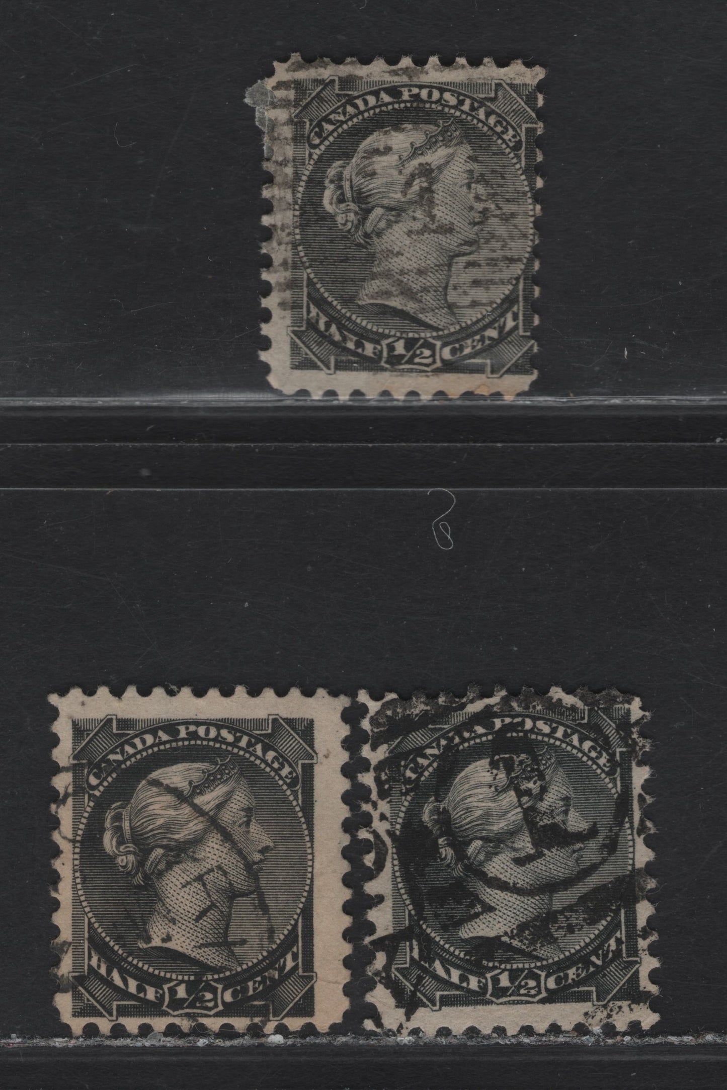 Lot 6 (C) Canada #34, 34i 1/2c Black & Gray Black Queen Victoria, 1870-1893 Small Queen Issue, 3 Good/Fine Used Singles, Papers 2O-MM, 2O-I & 2O-NN, Perfs 12x12.1 (Black) & 12 (Black & Gray Black)