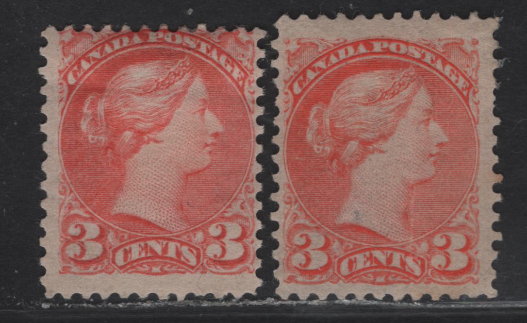 Lot 63 (C) Canada #41 3c Vermillion - Bright Orange Vermillion Queen Victoria, 1888-1897 Small Queen Issue, 2 VGOG & Good Unused Singles, Early 2nd Ottawa Printings, Paper 2O-C, Perf 12.