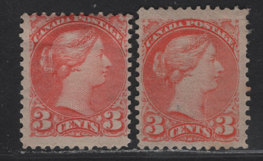 Lot 63 (C) Canada #41 3c Vermillion - Bright Orange Vermillion Queen Victoria, 1888-1897 Small Queen Issue, 2 VGOG & Good Unused Singles, Early 2nd Ottawa Printings, Paper 2O-C, Perf 12.