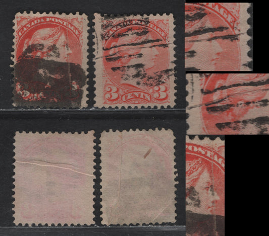 Lot 69 (C) Canada #41var 3c Pale Dull Orange Vermillion - Deep Reddish Orange Queen Victoria, 1888-1897 Small Queen Issue, 2 Good/Very Fine Used Singles, Early & Mid 2nd Ottawa Printings, Paper LM-H & 2O-N, Perfs 11.9x12.1 & 12, Pre-Print Creases.