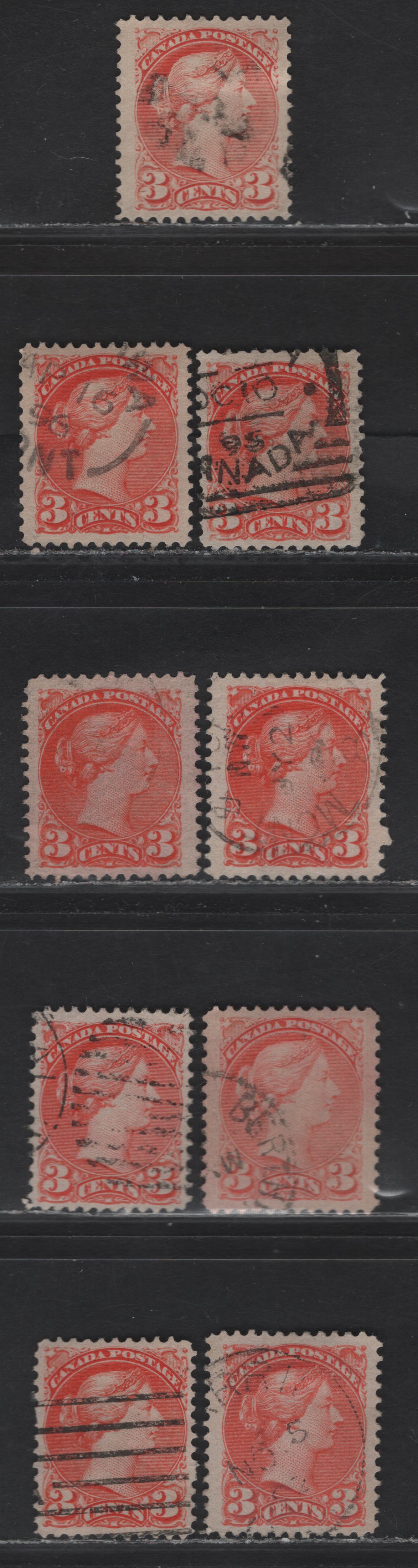 Lot 71 (C) Canada #41 3c Pale Dull Orange Vermillion & Orange Vermillion Queen Victoria, 1888-1897 Small Queen Issue, 9 Very Fine Used Singles, Different Papers & Perfs