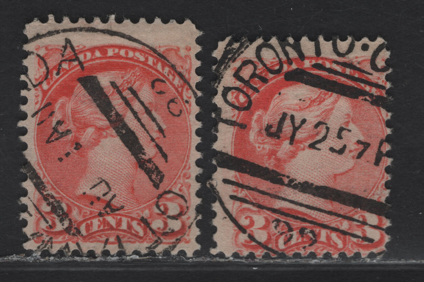 Lot 72 (C) Canada #41 3c Dull Vermillion Queen Victoria, 1888-1897 Small Queen Issue, 2 Very Good/Fine Used Singles, Ottawa & Toronto Precursor Squared Circle Cancels From July & August 1892, Paper 2O-II, Perf 12