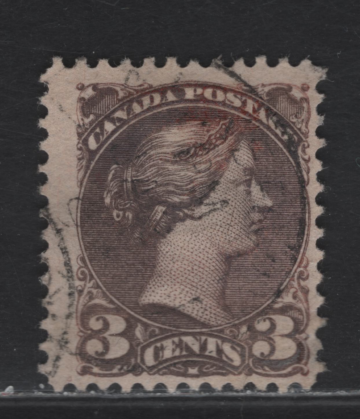 Lot 73 (C) Canada #41 3c Black Queen Victoria, 1888-1897 Small Queen Issue, A Fine Used Single, Fully Oxidized Color, Early 2nd Ottawa Printing, Paper 2O-II, Perf 12, Interesting Reference Item.