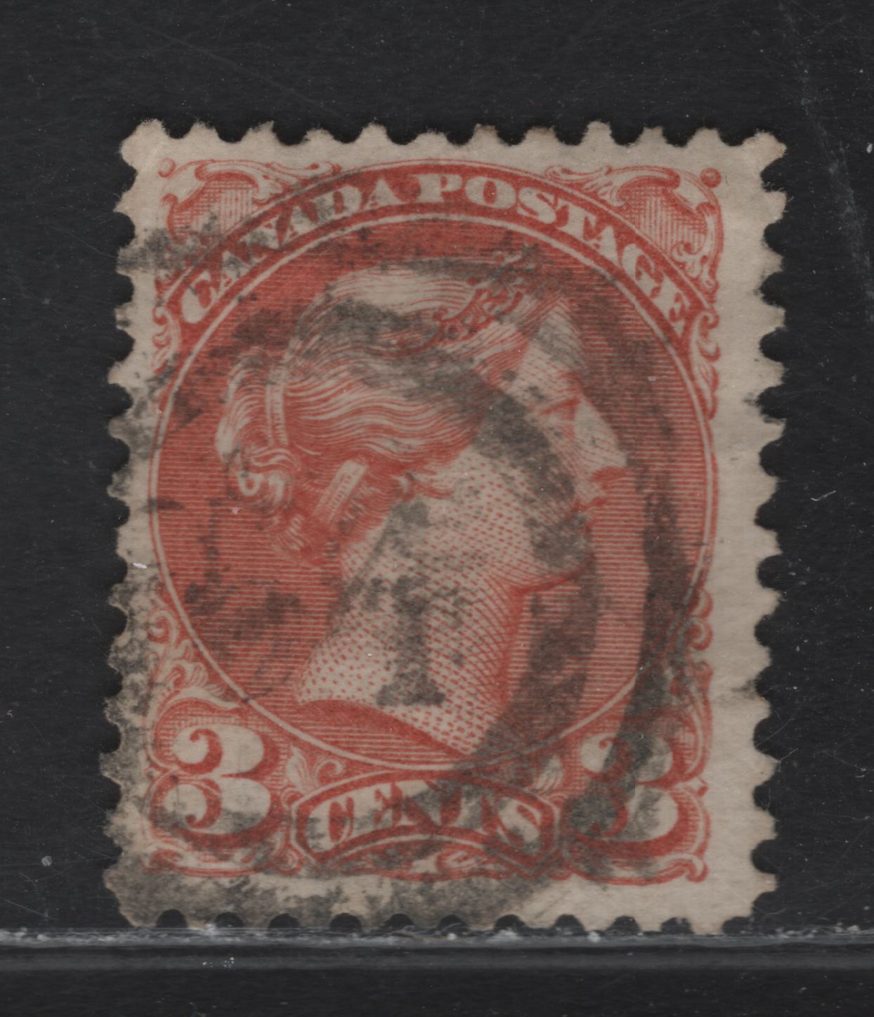Lot 74 (C) Canada #37c 3c Dull Red Queen Victoria, 1870-1893 Small Queen Issue, A Very Good Used Single, Late Montreal Printing, Perf 12, Very Scarce #54 2 Ring Numeral Cancel For Truro, Tiny Corner Crease.