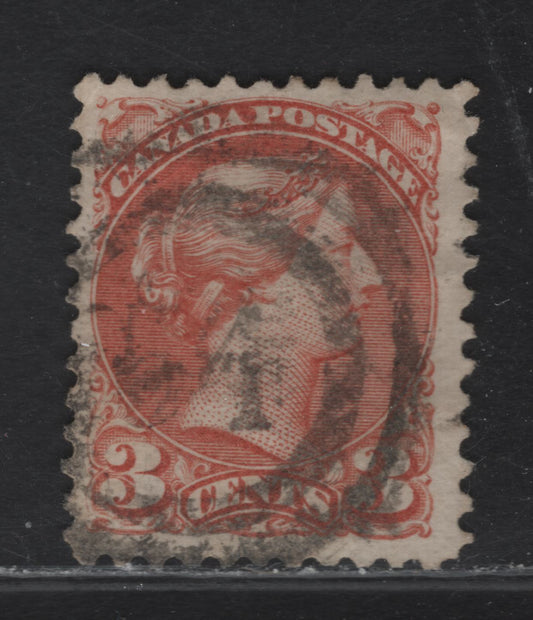Lot 74 (C) Canada #37c 3c Dull Red Queen Victoria, 1870-1893 Small Queen Issue, A Very Good Used Single, Late Montreal Printing, Perf 12, Very Scarce #54 2 Ring Numeral Cancel For Truro, Tiny Corner Crease.