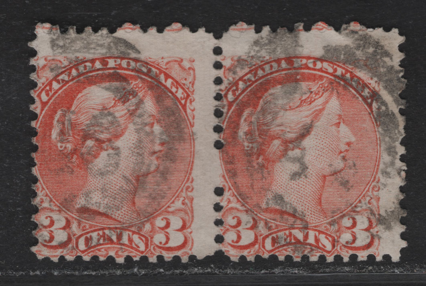 Lot 75 (C) Canada #37iii 3c Pale Reddish Orange Queen Victoria, 1870-1893 Small Queen Issue, A Good Used Pair, Mid Montreal Printing, Paper MM-B, Perf 11.7 x 12, Cancelled With Scarce #46 2 Ring Cancel For Dundas, ON.