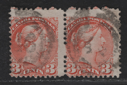 Lot 75 (C) Canada #37iii 3c Pale Reddish Orange Queen Victoria, 1870-1893 Small Queen Issue, A Good Used Pair, Mid Montreal Printing, Paper MM-B, Perf 11.7 x 12, Cancelled With Scarce #46 2 Ring Cancel For Dundas, ON.