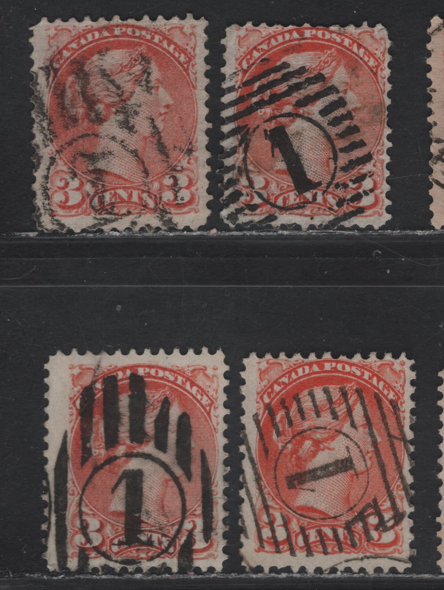 Lot 77 (C) Canada #37iii, 37c 3c Orange Red & Dull Red Queen Victoria, 1870-1893 Small Queen Issue, 4 Good/Fine Used Singles, Mid Montreal Printings, Papers MM-B, LM-O, MM-D & MM-U, Perfs 11.75x12, 12.1 & 12.