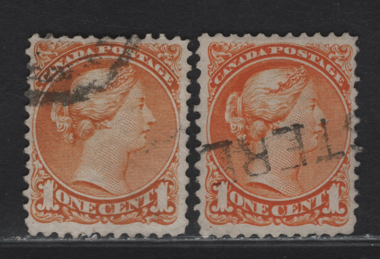 Lot 8 (C) Canada #35a, 35w 1c Orange - Red Orange Queen Victoria, 1870-1893 Small Queen Issue, 2 Fine/Very Fine Used Singles, Early Montreal & First Ottawa Printings, Paper EM-C & FO-P, Perfs 12x11.9 (Orange) & 11.0 (Red Orange).