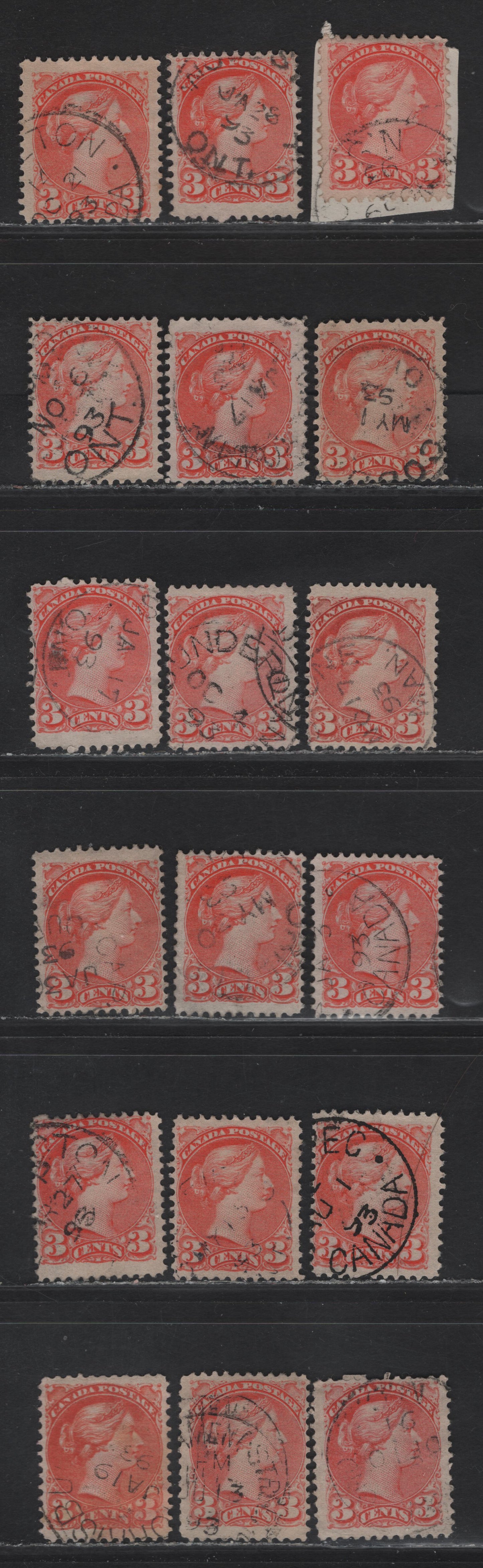 Lot 82 (C) Canada #41 3c Orange Vermillion Queen Victoria, 1888-1897 Small Queen Issue, 17 Fine Used Singles, Early 2nd Ottawa Printings, Different Dates & papers, Nearly All Translucent