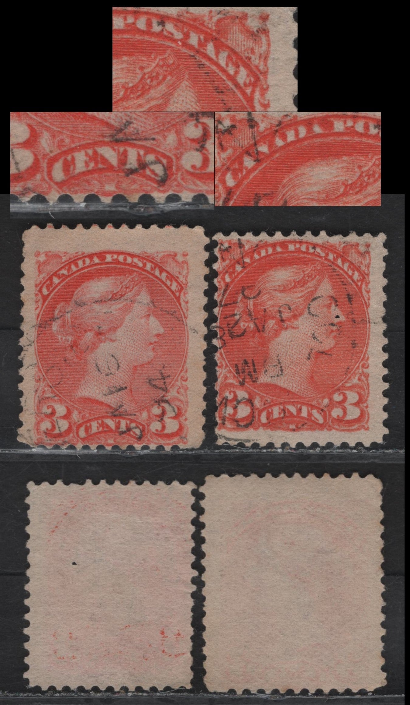 Lot 84 (C) Canada #41var 3c Pale Vermillion & Orange Vermillion Queen Victoria, 1888-1897 Small Queen Issue, 2 Very Good/Fine Used Singles, Re-Entries, Paper 2O-B, Perf 12.