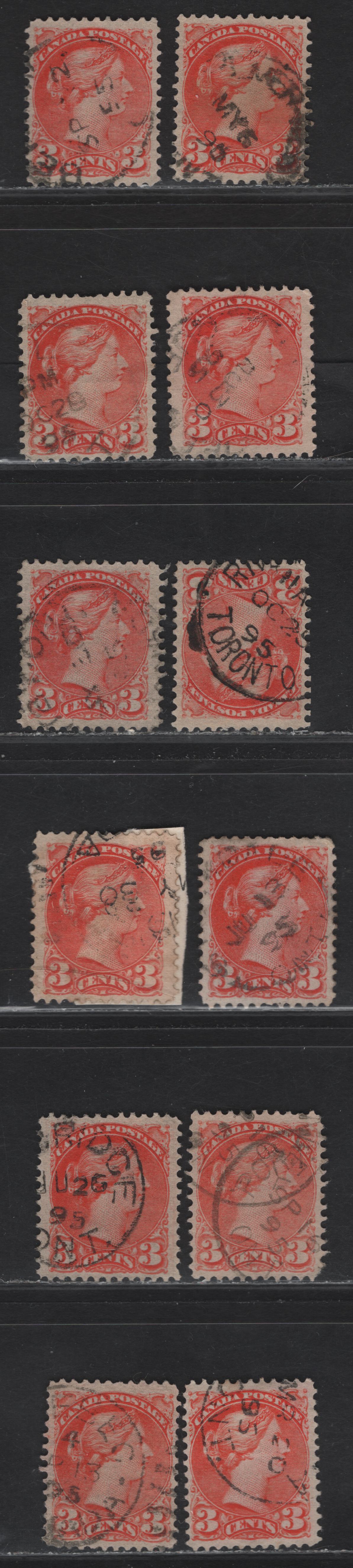 Lot 86 (C) Canada #41 3c Orange Vermillion, vermillion & Pale Vermillion Queen Victoria, 1888-1897 Small Queen Issue, 12 Very Fine Used Singles, Mid 2nd Ottawa Printings, All Dated 1895, Different Papers, Unchecked As To Perfs.