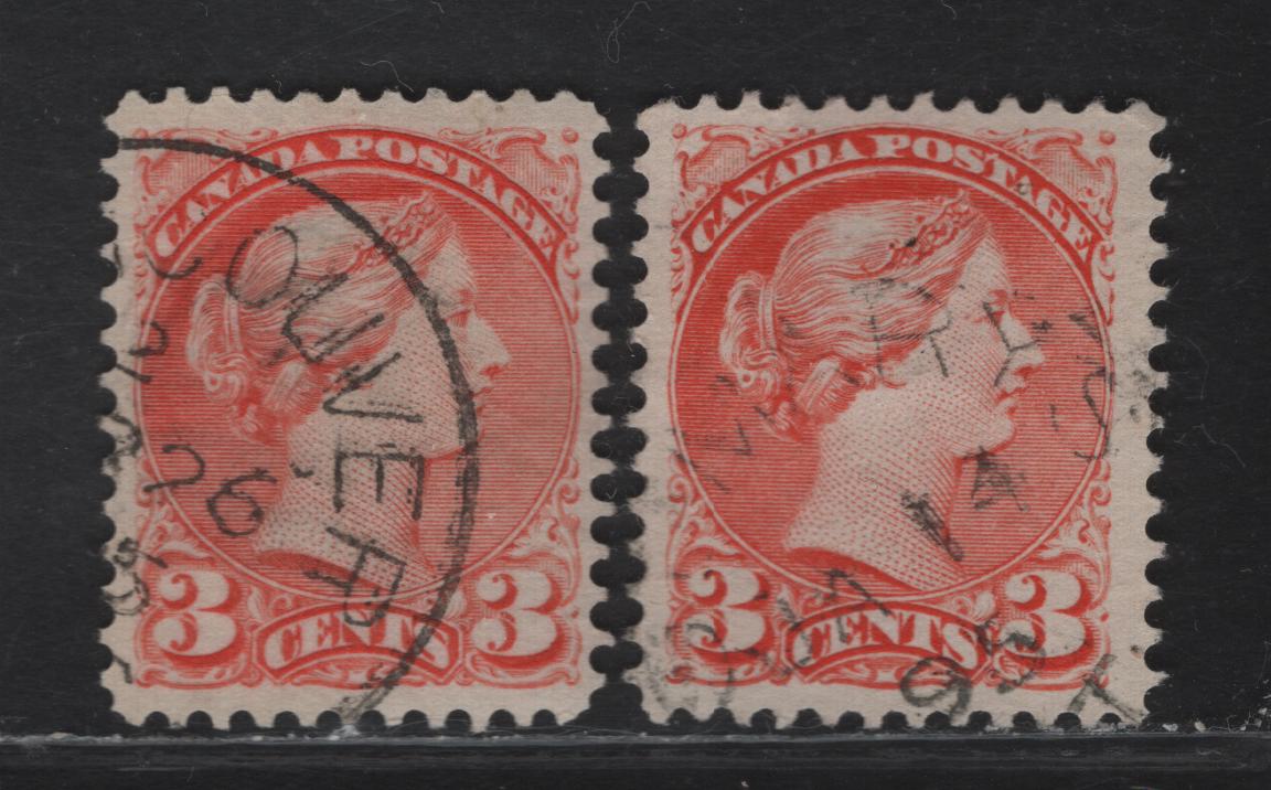 Lot 87 (C) Canada #41var 3c Orange Vermillion Queen Victoria, 1888-1897 Small Queen Issue, 2 Very Fine Used Singles, Mid 2nd Ottawa Printings, Papers 2O-I, Dated 1895, One With St Mary's Split Ring Cancel.