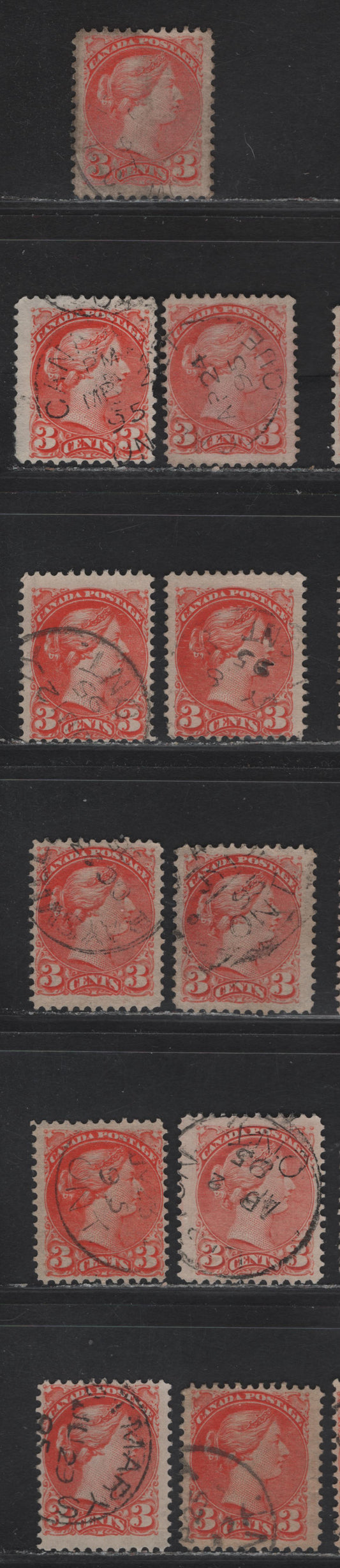(C) Canada #41 3c Vermillion Queen Victoria, 1888-1897 Small Queen Issue, 11 Fine Used Singles, Different 1895 Dates Taken From A Calender Collection, Various Shades Papers & perfs