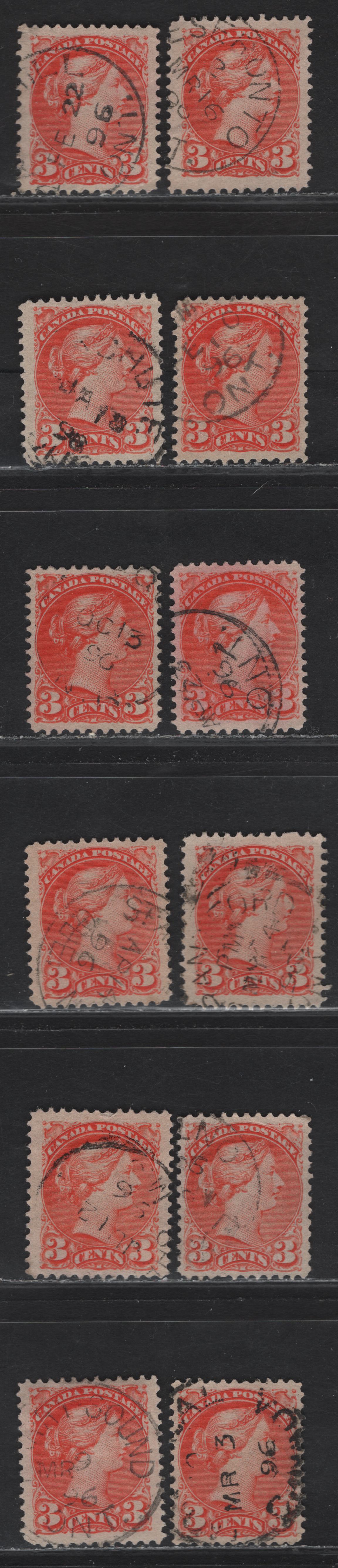 Lot 92 (C) Canada #41 3c Vermillion Queen Victoria, 1888-1897 Small Queen Issue, 12 Very Fine Used Singles, Different 1896 Dates, Various Papers, Shades & Perfs