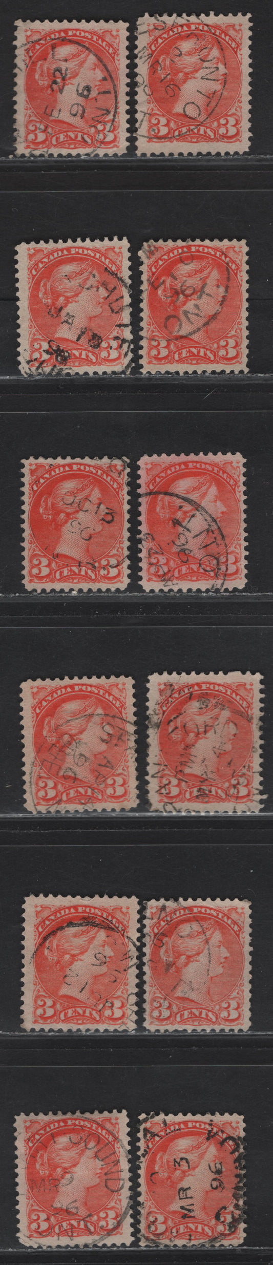 Lot 92 (C) Canada #41 3c Vermillion Queen Victoria, 1888-1897 Small Queen Issue, 12 Very Fine Used Singles, Different 1896 Dates, Various Papers, Shades & Perfs