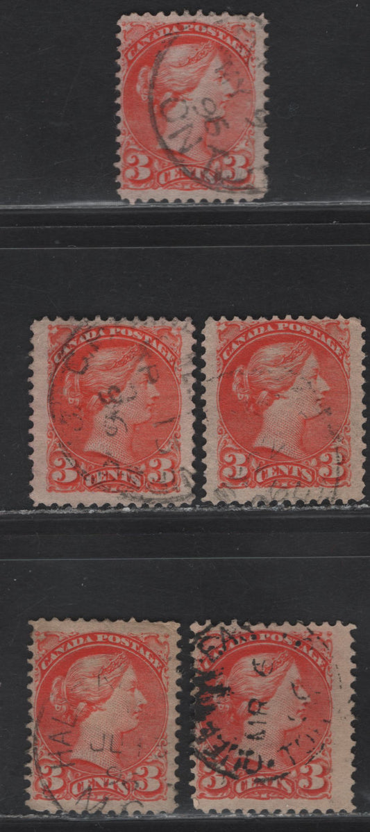 (C) Canada #41 3c Orange Vermillion Queen Victoria, 1888-1897 Small Queen Issue, 5 Fine Used Singles, All On Translucent Papers, All Different Shades & All Cancelled With Different 1896 Dates