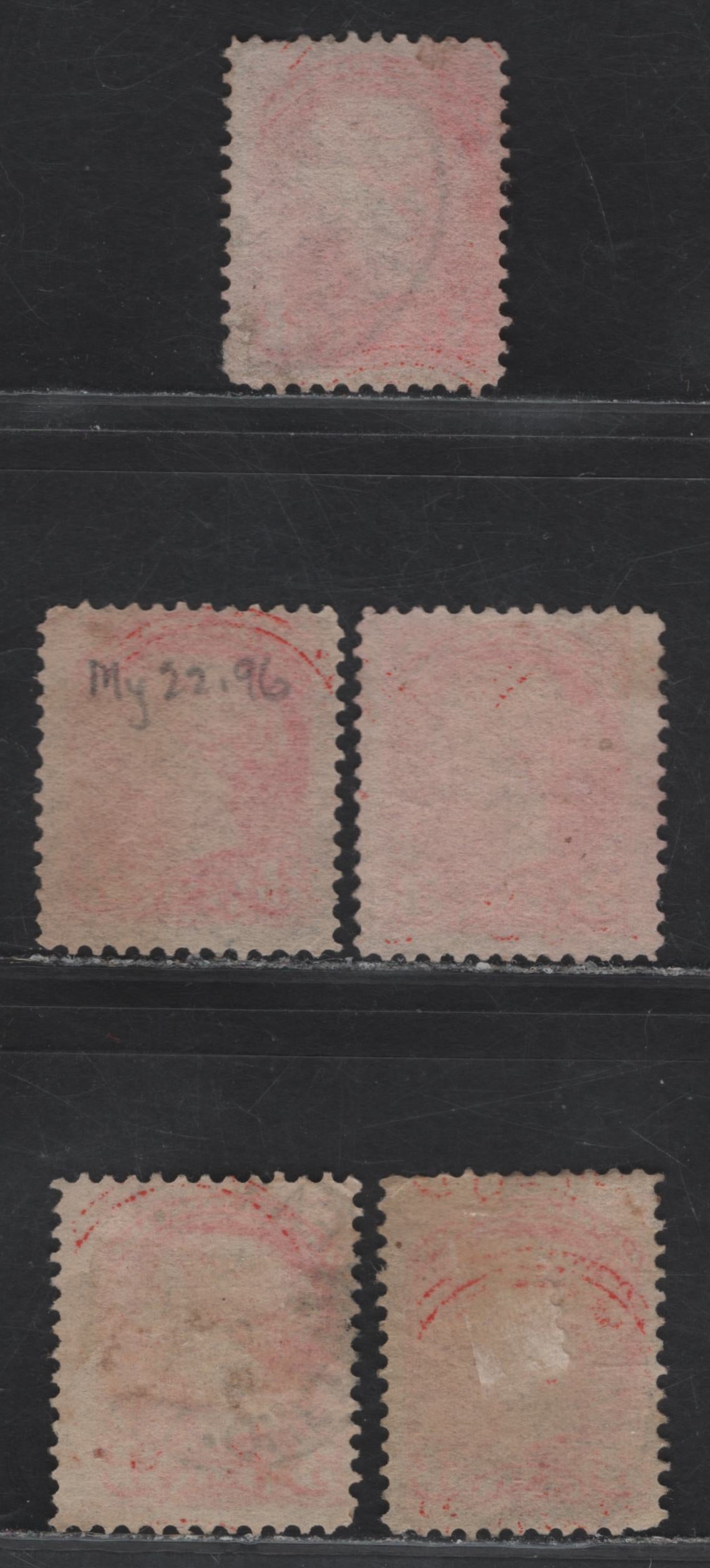 (C) Canada #41 3c Orange Vermillion Queen Victoria, 1888-1897 Small Queen Issue, 5 Fine Used Singles, All On Translucent Papers, All Different Shades & All Cancelled With Different 1896 Dates