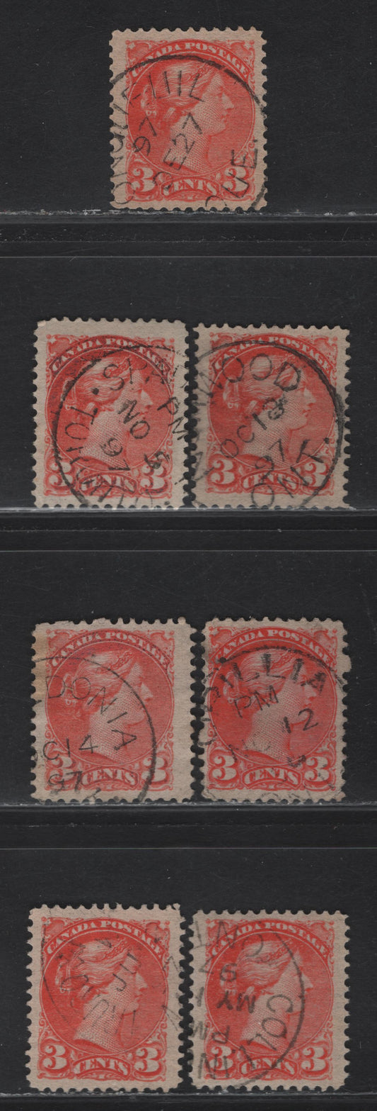 Lot 98 (C) Canada #41 3c Vermillion & Orange Vermillion Queen Victoria, 1888-1897 Small Queen Issue, 7 Very Fine Used Singles, Large Margins, 1897 Dates, All On Translucent Horizontal Wove Papers, Unchecked As To Perfs, But Presumed To Be 12.
