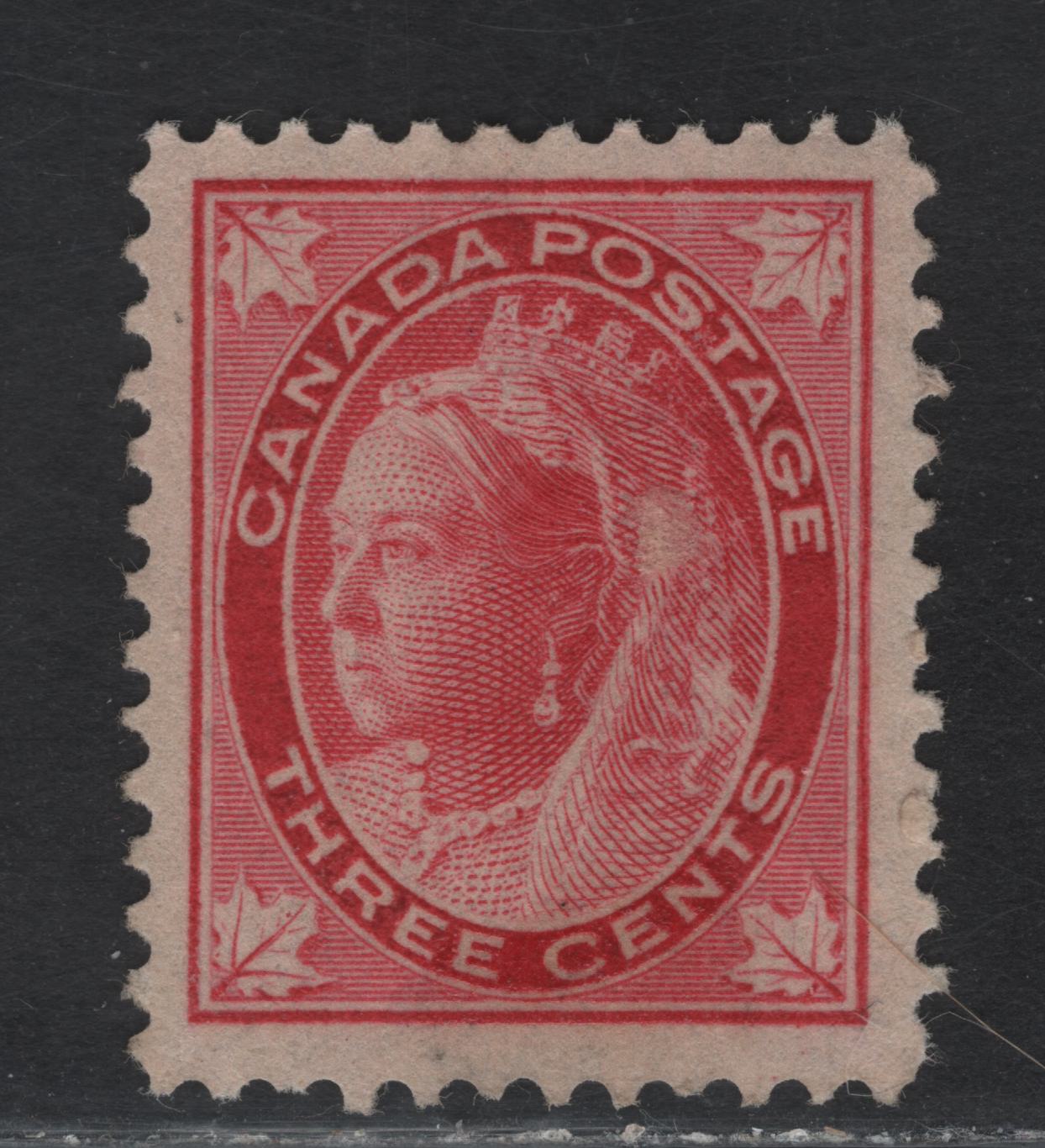 Lot 100 (C) Canada #69 3c Deep Red Queen Victoria, 1897-1898 Maple Leaf Issue, A Very Fine Unused Single, Paper ABN-AA, Perf 11.9, Design Size 16.75x21mm, Spot Of Gum On The Face That Can Be Soaked Off.
