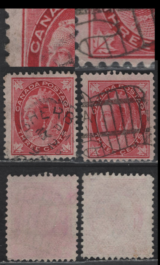 Lot 106 Canada #69var 3c Carmine Queen Victoria, 1897-1898 Maple Leaf Issue, 2 Fine Used Singles, Papers ABN-AA & ABN-DD, Perfs 11.9x12 & 12, Both Showing Breaks In Medallion, Design Sizes 17x21mm & 16.75x21mm.