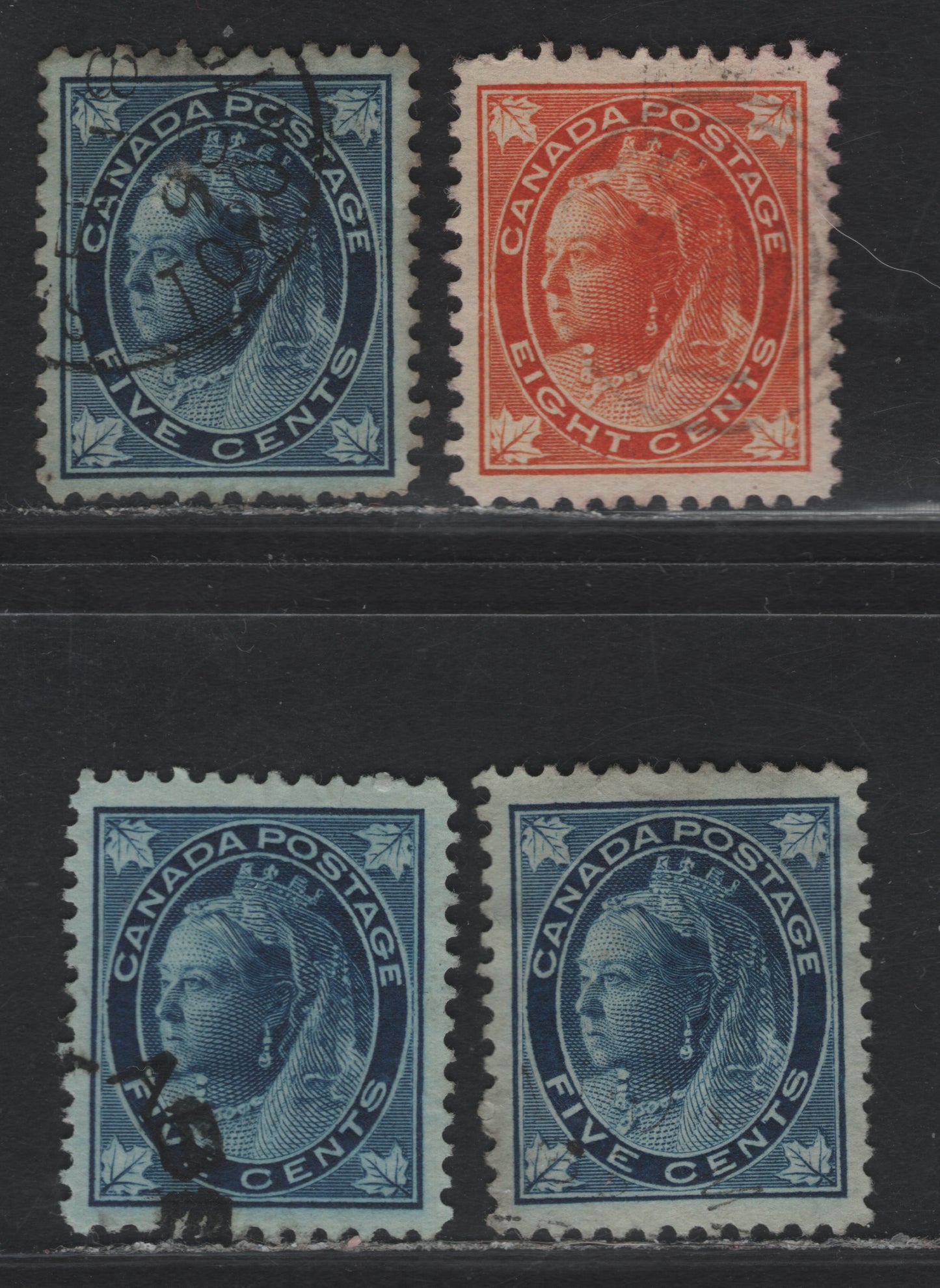 Lot 109 (C) Canada #70, 72ii 5c - 8c Dark Blue - Orange Queen Victoria, 1897-1898 Maple Leaf Issue, 4 Very Fine Used Singles, Papers ABN-FF (5c) & ABN-CC (8c), Perfs 12x12.05, 12x11.9, 12 & 11.9 (8c), Design Sizes 17.4x20.8m, 17.4x21 & 17.4x20.5mm.