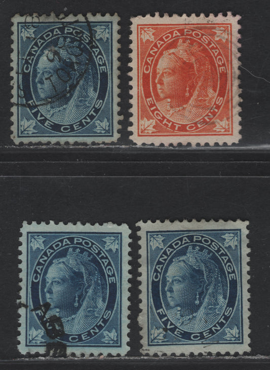 Lot 109 (C) Canada #70, 72ii 5c - 8c Dark Blue - Orange Queen Victoria, 1897-1898 Maple Leaf Issue, 4 Very Fine Used Singles, Papers ABN-FF (5c) & ABN-CC (8c), Perfs 12x12.05, 12x11.9, 12 & 11.9 (8c), Design Sizes 17.4x20.8m, 17.4x21 & 17.4x20.5mm.