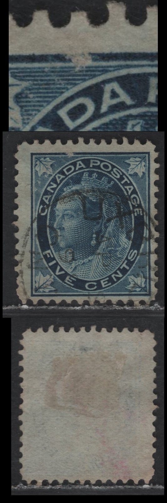 Lot 110 (C) Canada #70 5c Dark Blue Queen Victoria, 1897-1898 Maple Leaf Issue, A Fine Used Single, Paper ABN-FF, Perf 12x11.9, Frame Break Above 'DA' of Canada, Design Size 17.4x20.8mm.