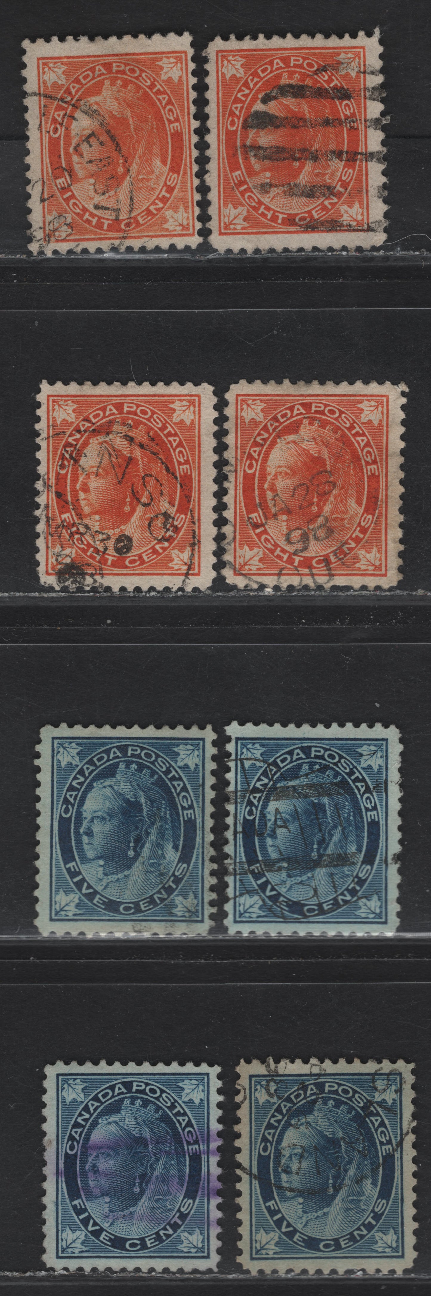 Lot 111 (C) Canada #70, 72, 72ii 5c - 8c Dark Blue - Pale Orange Queen Victoria, 1897-1898 Maple Leaf Issue, 8 Fine/Very Fine Used Singles, Papers ABN-FF, ABN-HH, ABN-BB & ABN-AA, Perfs 12, 11.9x12, 11.9, 11.8x12 & 12x11.9