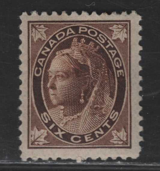 Lot 112 (C) Canada #71 6c Dark Yellowish Brown Queen Victoria, 1897-1898 Maple Leaf Issue, A VFOG Single, Paper ABN-Z, Perf 11.9, Design Size 17x12mm.