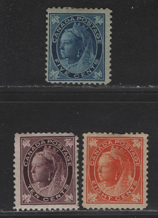 Lot 113 (C) Canada #70, 72ii, 73 5c - 10c Dark Blue - Brown Violet Queen Victoria, 1897-1898 Maple Leaf Issue, 3 G/VG/FOG Singles, Papers ABN-FF (5c), ABN-GG (8c) & ABN-Z, Perfs 11.9x12 (5c & 10c) & 12x11.9