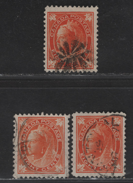 Lot 114 (C) Canada #72 8c Deep Orange, Orange & Pale Orange Queen Victoria, 1897-1898 Maple Leaf Issue, 3 Fine/Very Fine Used Singles, Papers ABN-AA & ABN-II, Perfs 11.9x12 & 12