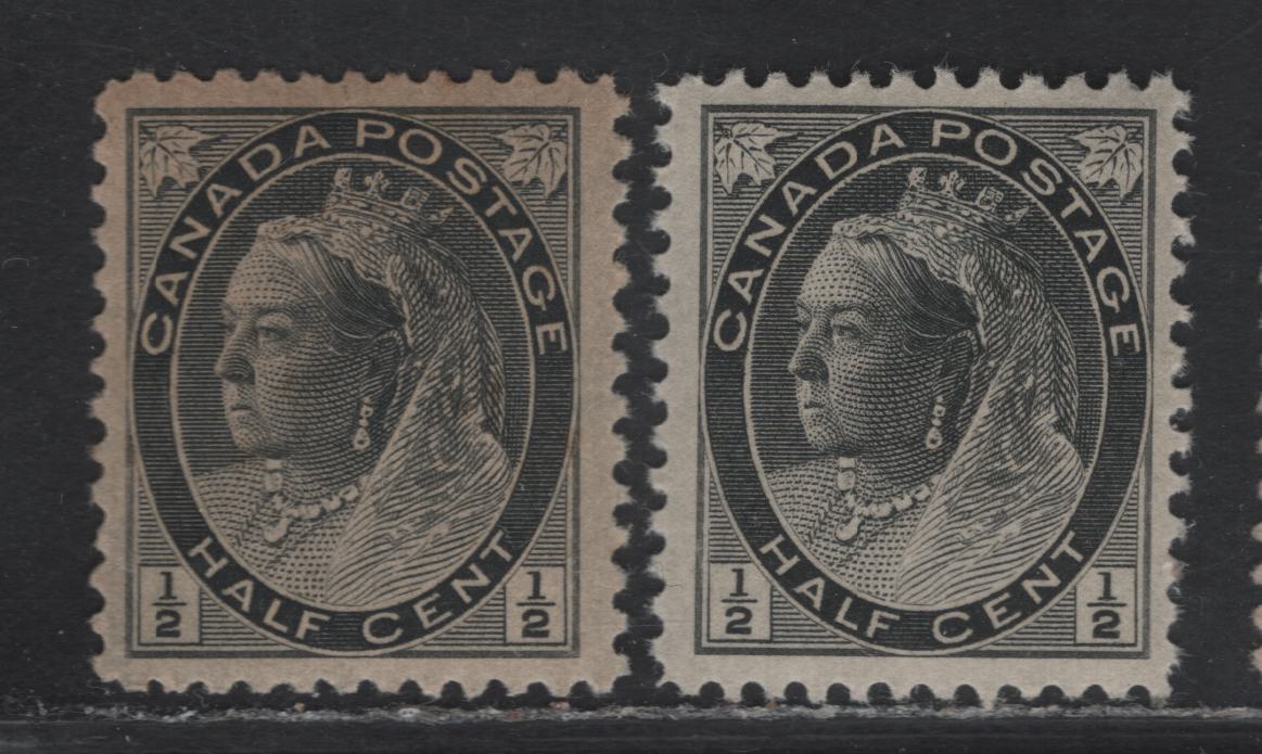 Lot 115A (C) Canada #74 1/2c Gray Black Queen Victoria, 1897-1898 Maple Leaf Issue, 2 VFNH Singles, Papers ABN-KK & ABN-A, Perf 11.9, Design Sizes 17.5mmx21mm & 17.5x21.25mm.