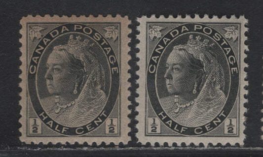 Lot 115A (C) Canada #74 1/2c Gray Black Queen Victoria, 1897-1898 Maple Leaf Issue, 2 VFNH Singles, Papers ABN-KK & ABN-A, Perf 11.9, Design Sizes 17.5mmx21mm & 17.5x21.25mm.