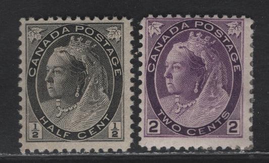 Lot 117 (C) Canada #74, 76 1/2c - 2c Gray Black - Purple Violet Queen Victoria, 1898-1902 Numeral Issue, 2 VFOG Singles, Papers ABN-KK & ABN-BB, Perfs 11.9x12 & 12