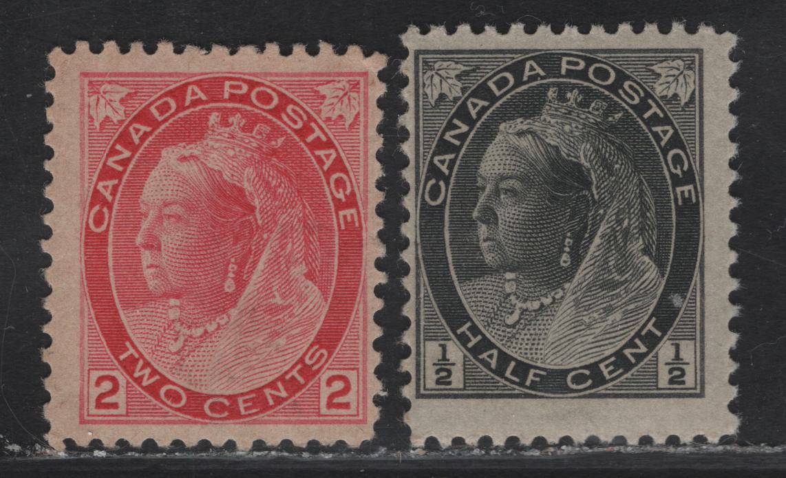 Lot 117A (C) Canada #74, 77 1/2c - 2c Gray Black - Carmine Rose Queen Victoria, 1898-1902 Numeral Issue, 2 FOG Singles, Papers ABN-KK & ABN-MM, Perf 12, 2c is Die 1, Small Blemishes.