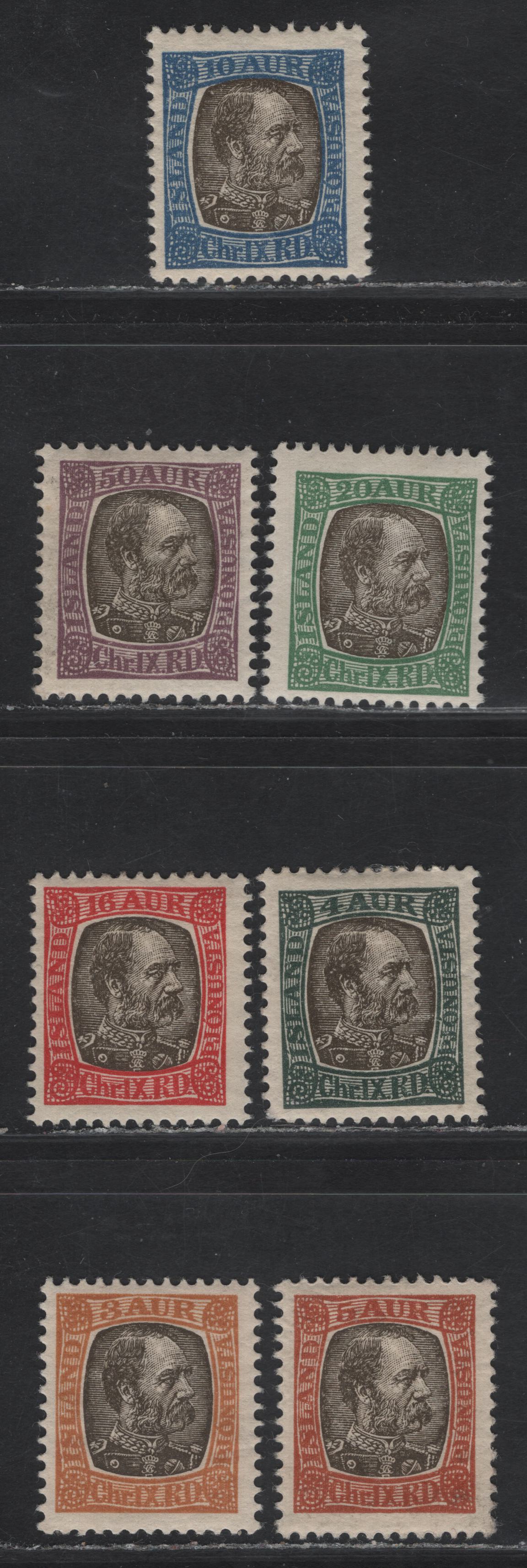 Lot 12 Iceland SC#O13-O19 3a - 50a Dull Orange & Blackish - Violet & Blackish Brown King Christian IX, 1902 King Christian IX Official Issue, 7 F/VFOG Singles