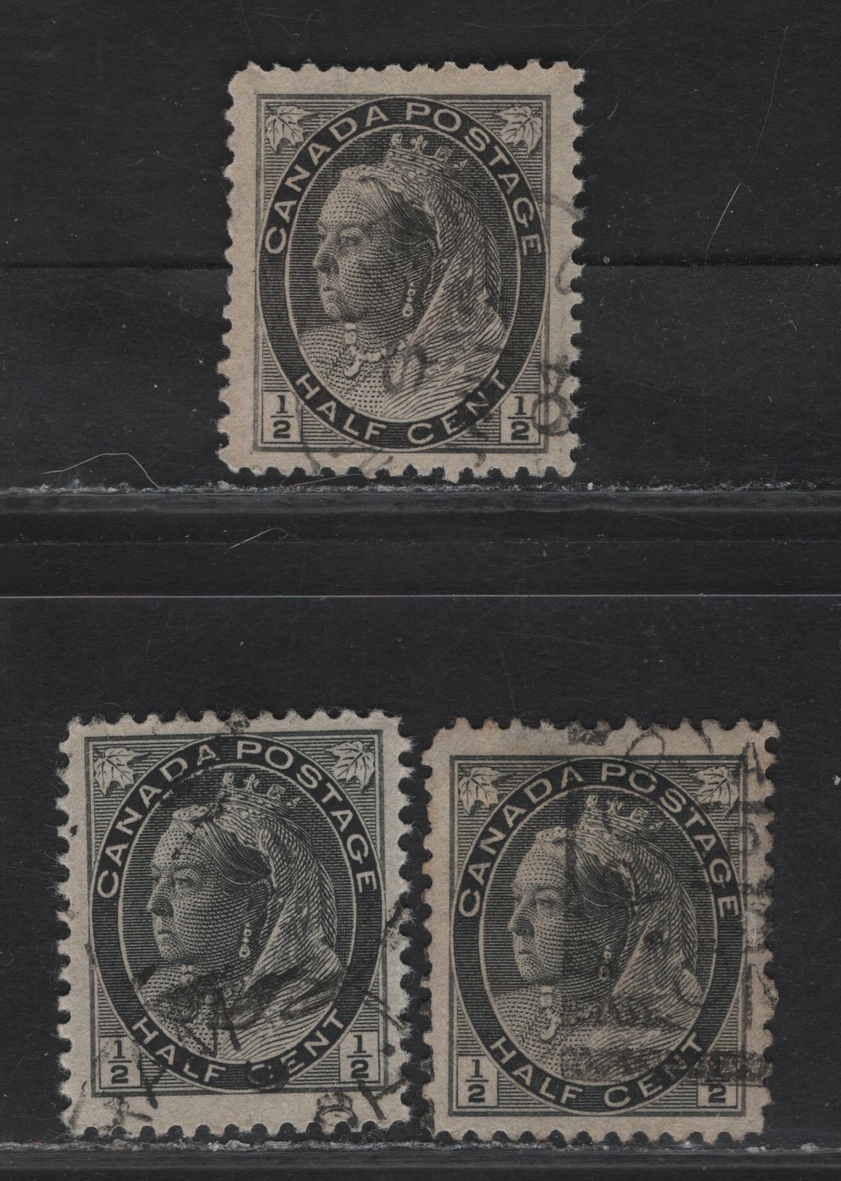 Lot 121 (C) Canada #74 1/2c Black & Gray Black Queen Victoria, 1898-1902 Numeral Issue, 3 Very Fine Used Singles, Papers ABN-X, ABN-AA & ABN-OO