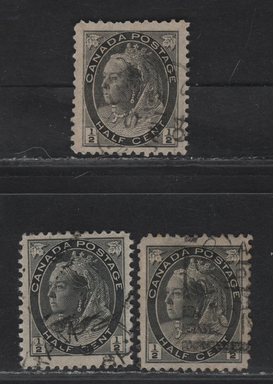 (C) Canada #74 1/2c Black & Gray Black Queen Victoria, 1898-1902 Numeral Issue, 3 Very Fine Used Singles, Papers ABN-X, ABN-AA & ABN-OO