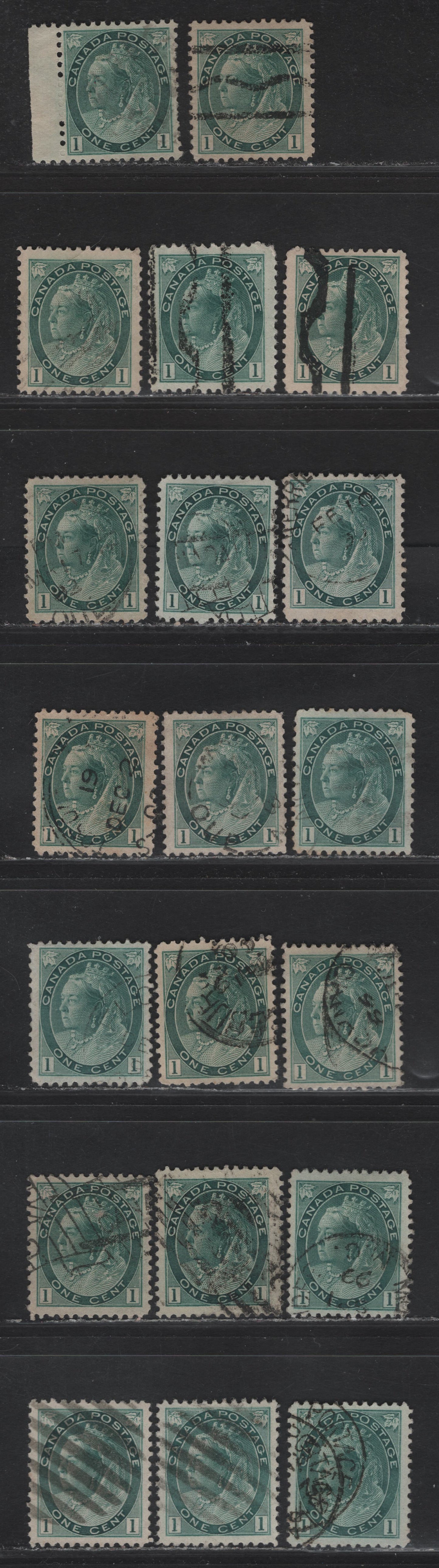 Lot 122 (C) Canada #75ii 1c Blue Green Queen Victoria, 1898-1902 Numeral Issue, 20 Very Fine Used Singles, Various Papers & Perfs, Includes 3 Precancels