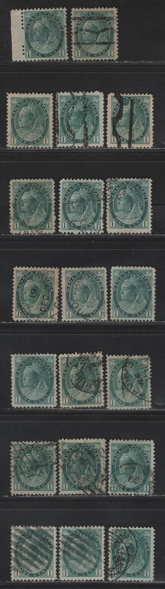 Lot 122 (C) Canada #75ii 1c Blue Green Queen Victoria, 1898-1902 Numeral Issue, 20 Very Fine Used Singles, Various Papers & Perfs, Includes 3 Precancels