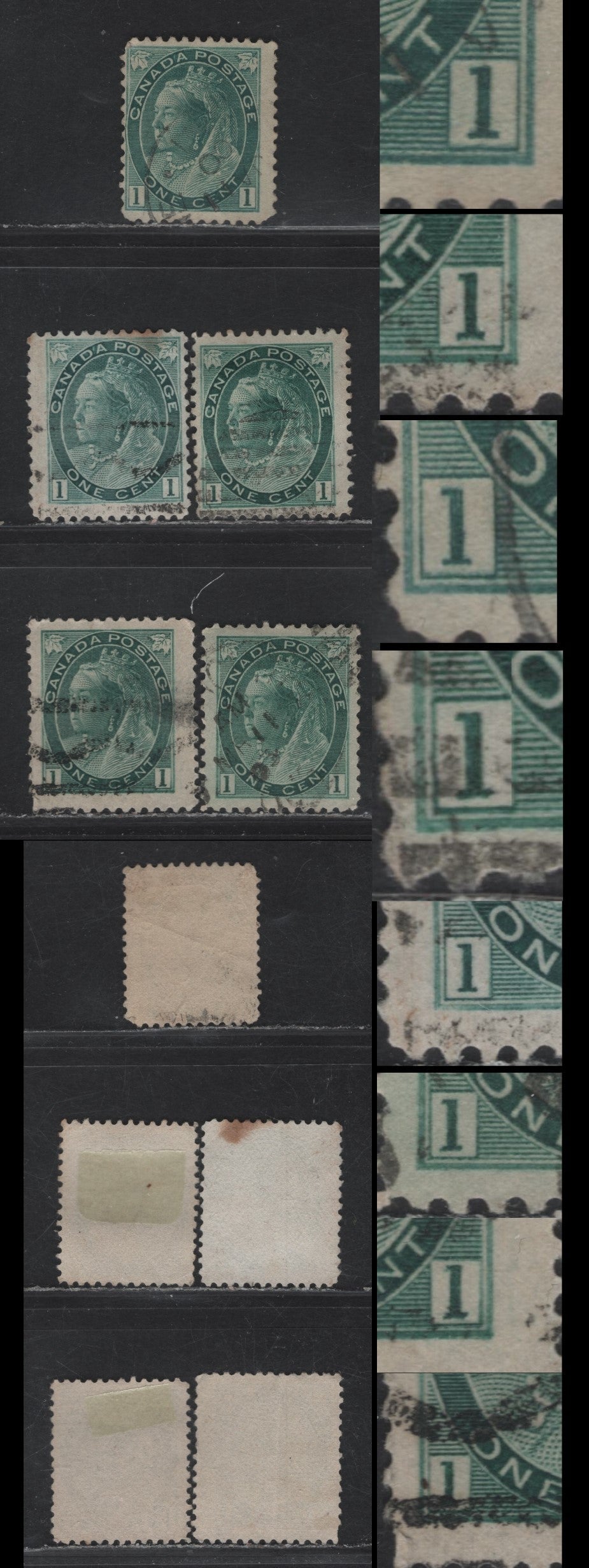 Lot 123 (C) Canada #75iii, 75xx 1c Blue Green Queen Victoria, 1898-1902 Numeral Issue, 5 Very Good/Fine Used Singles, All With Re-Entries Involving The LL & LR Spandrels