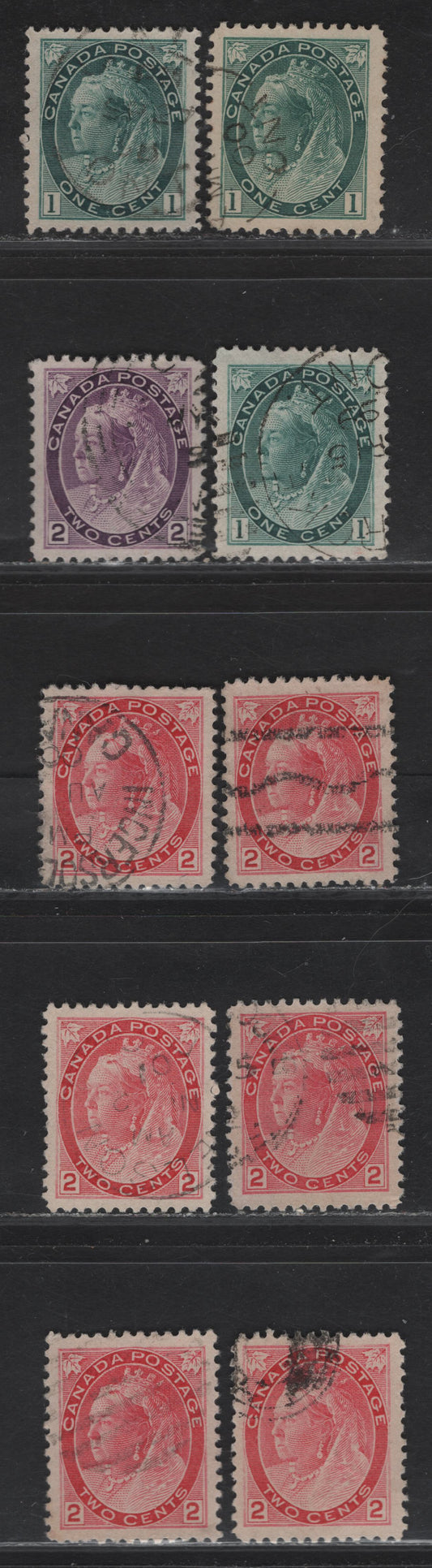 Lot 128 (C) Canada #75ii, 76, 77, 77xx 1c - 2c Blue Green - Carmine Rose Queen Victoria, 1898-1902 Numeral Issue, 10 Very Fine Used Singles, Different Papers & Perfs