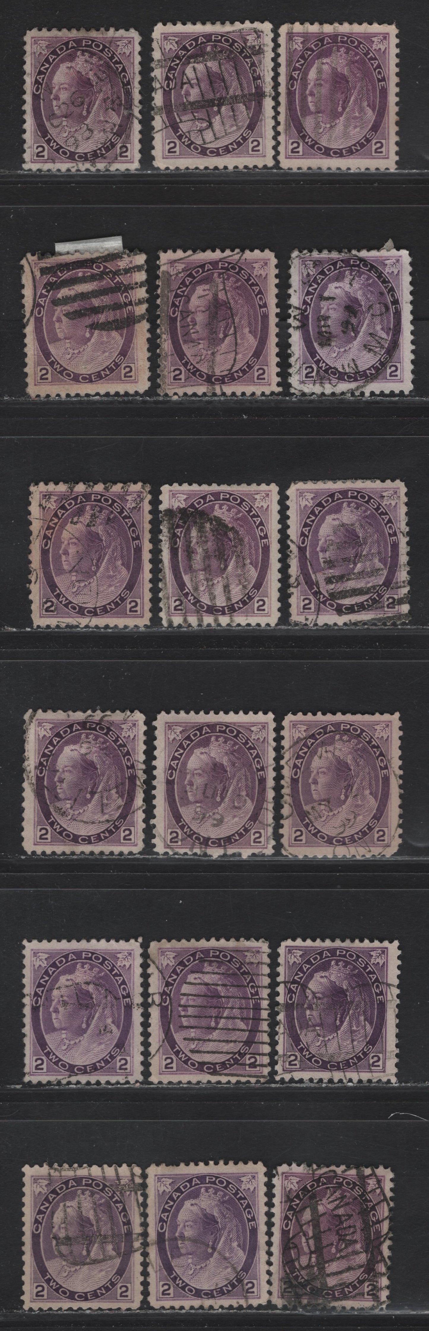 Lot 129 (C) Canada #76-76ii 2c Purple - Purple Violet Queen Victoria, 1898-1902 Numeral Issue, 18 Fine/Very Fine Used Singles, Various Papers & Perfs