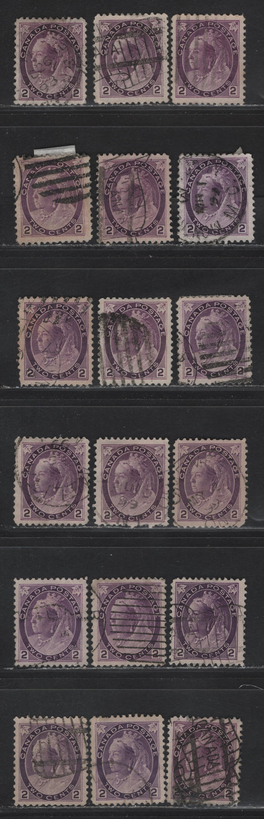 Lot 129 (C) Canada #76-76ii 2c Purple - Purple Violet Queen Victoria, 1898-1902 Numeral Issue, 18 Fine/Very Fine Used Singles, Various Papers & Perfs