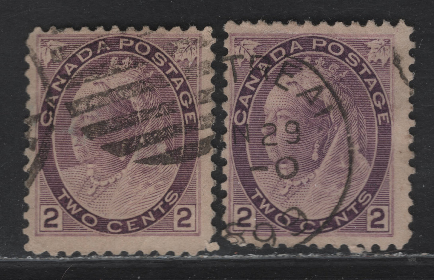Lot 130 (C) Canada #76 2c Dull Violet & Dull Reddish Violet Queen Victoria, 1898-1902 Numeral Issue, 2 Fine Used Singles, Paper ABN-PP, Perfs 12 & 12x11.9