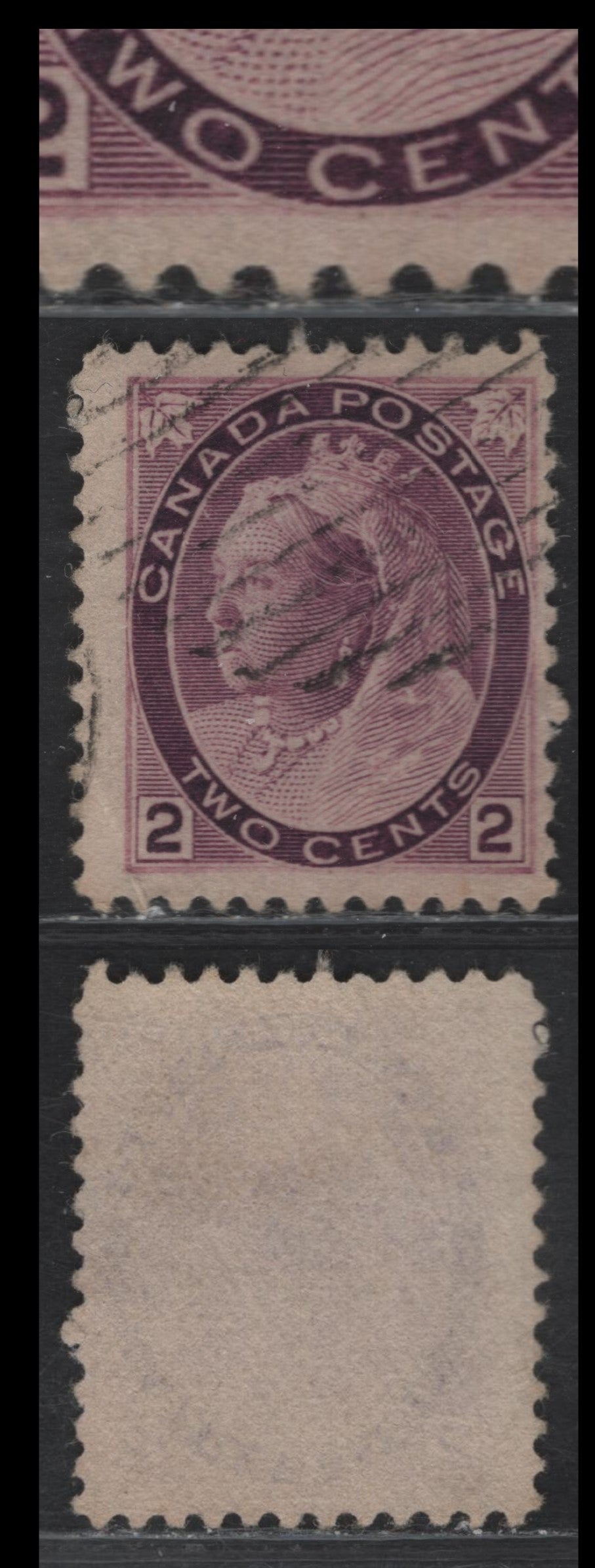 Lot 131 (C) Canada #76var 2c Purple Queen Victoria, 1898-1902 Numeral Issue, A Very Good Used Single, Paper ABN-BB, Perf 11.9x11.8, Showing Weak Re-Entry At The Base Where Most of The Bottom Frameline Is Missing.